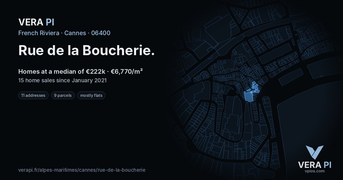 Rue de la Boucherie, Cannes at night – every parcel coloured by the prices around it, the street's own parcels lit