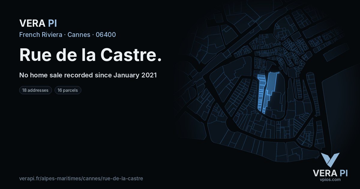 Rue de la Castre, Cannes at night – every parcel coloured by the prices around it, the street's own parcels lit