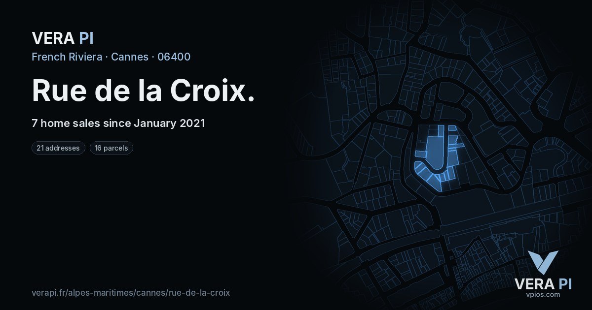 Rue de la Croix, Cannes at night – every parcel coloured by the prices around it, the street's own parcels lit
