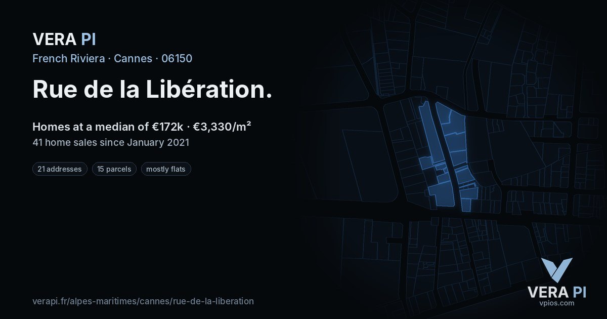 Rue de la Libération, Cannes at night – every parcel coloured by the prices around it, the street's own parcels lit