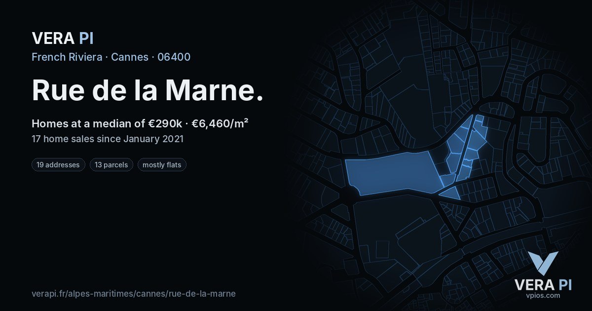 Rue de la Marne, Cannes at night – every parcel coloured by the prices around it, the street's own parcels lit