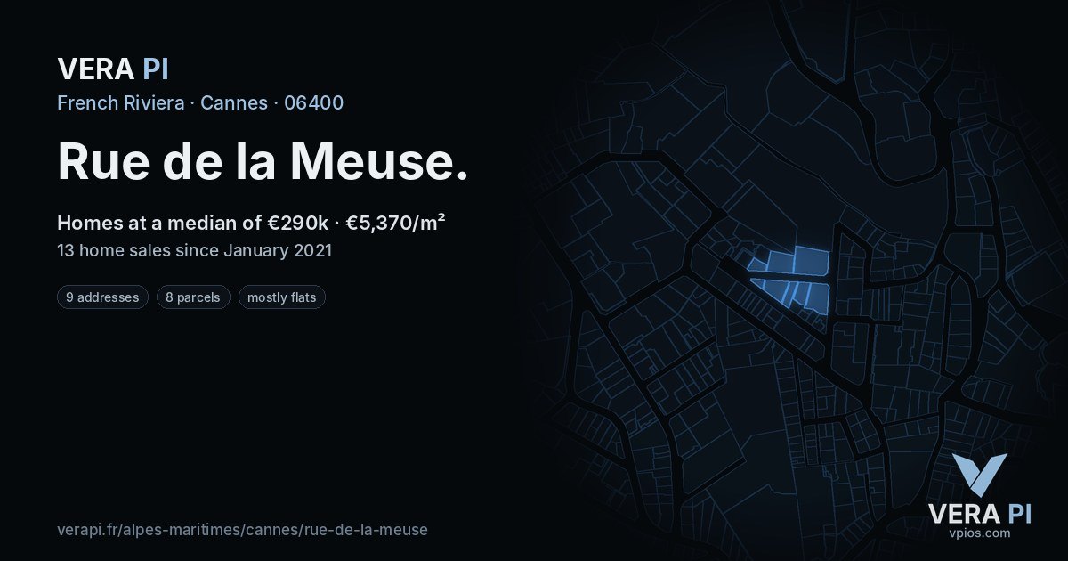 Rue de la Meuse, Cannes at night – every parcel coloured by the prices around it, the street's own parcels lit