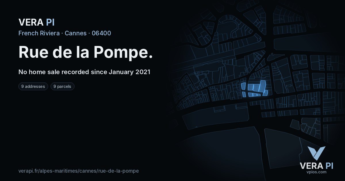 Rue de la Pompe, Cannes at night – every parcel coloured by the prices around it, the street's own parcels lit