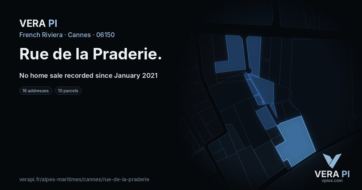 Rue de la Praderie, Cannes at night – every parcel coloured by the prices around it, the street's own parcels lit