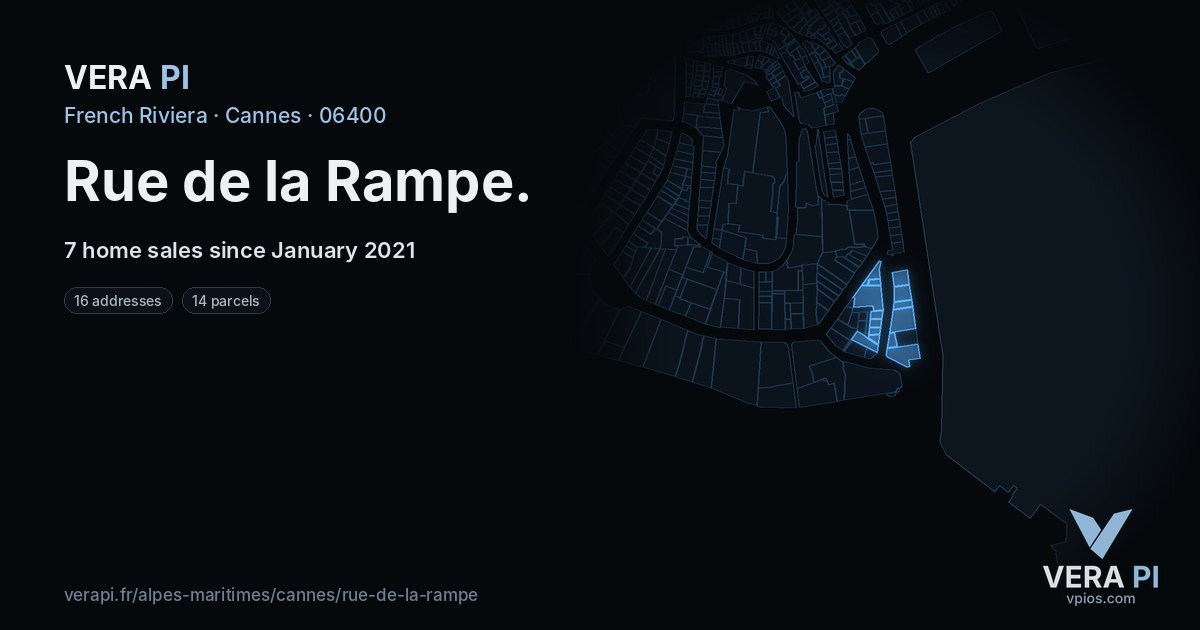Rue de la Rampe, Cannes at night – every parcel coloured by the prices around it, the street's own parcels lit