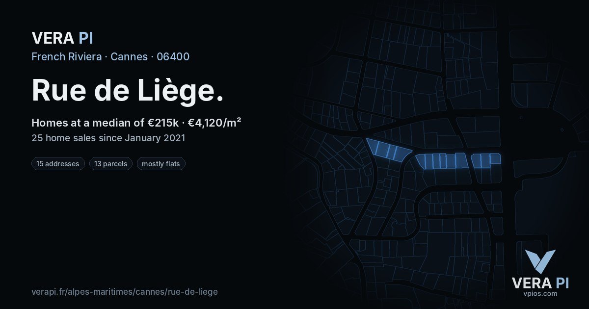 Rue de Liège, Cannes at night – every parcel coloured by the prices around it, the street's own parcels lit