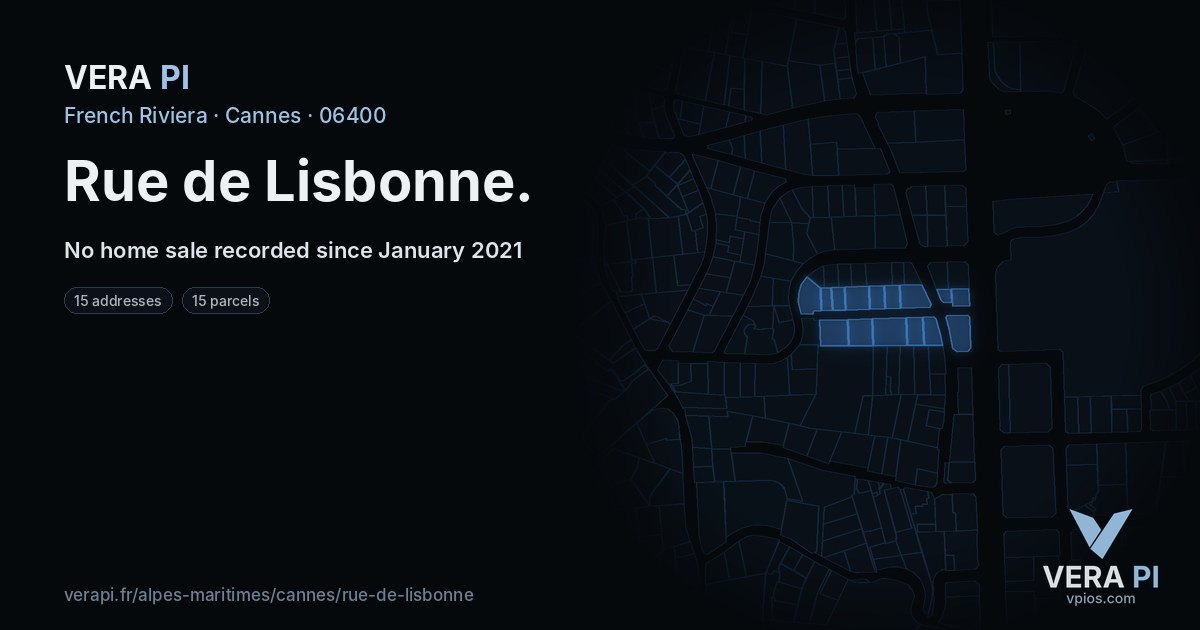 Rue de Lisbonne, Cannes at night – every parcel coloured by the prices around it, the street's own parcels lit
