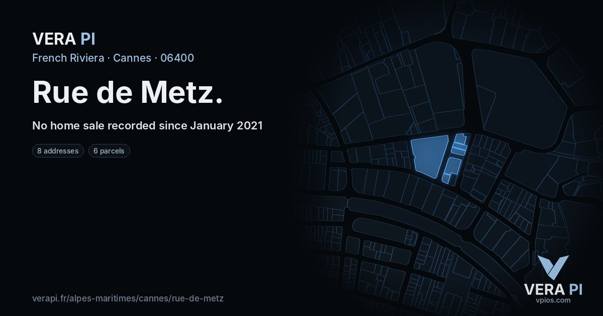 Rue de Metz, Cannes at night – every parcel coloured by the prices around it, the street's own parcels lit