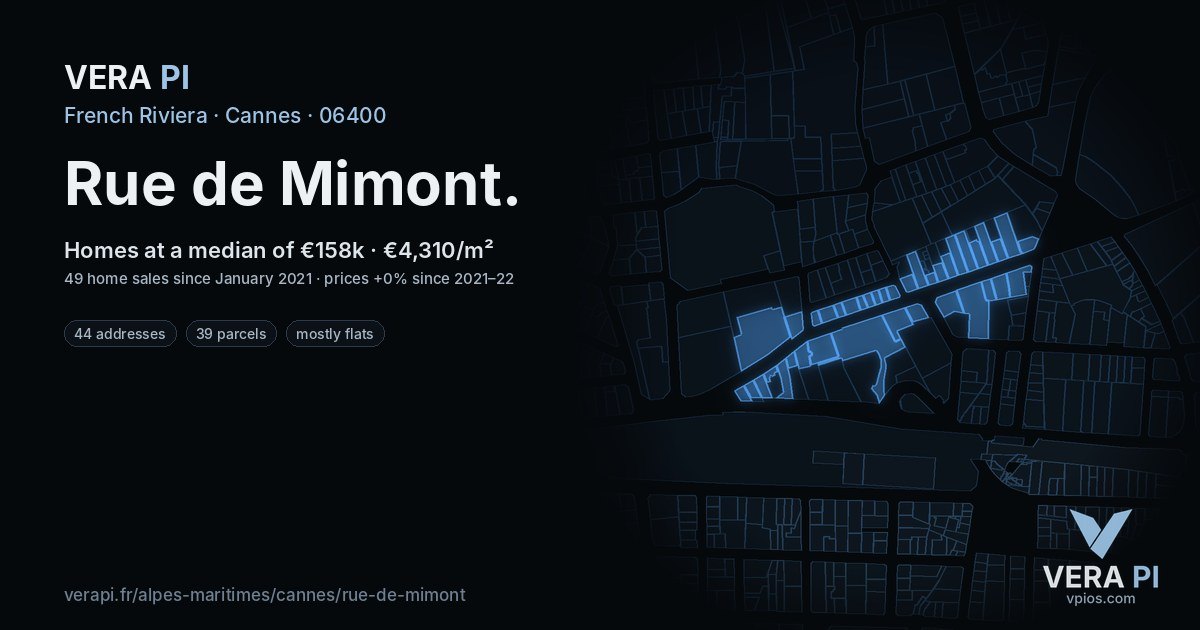Rue de Mimont, Cannes at night – every parcel coloured by the prices around it, the street's own parcels lit