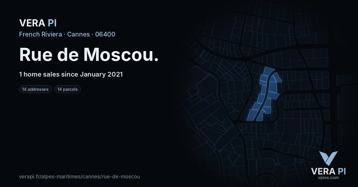 Rue de Moscou, Cannes at night – every parcel coloured by the prices around it, the street's own parcels lit