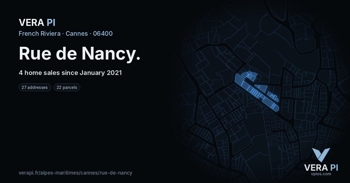 Rue de Nancy, Cannes at night – every parcel coloured by the prices around it, the street's own parcels lit