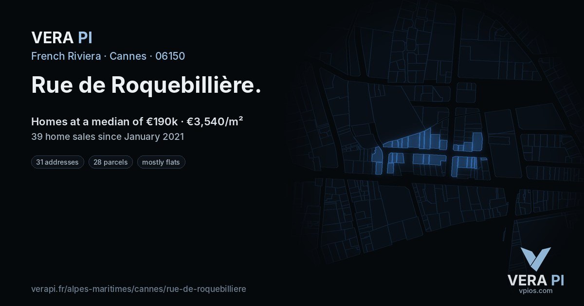 Rue de Roquebillière, Cannes at night – every parcel coloured by the prices around it, the street's own parcels lit