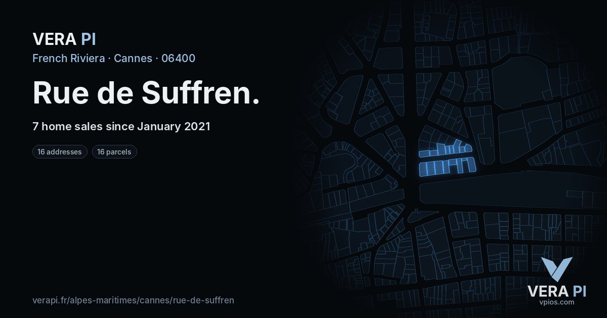Rue de Suffren, Cannes at night – every parcel coloured by the prices around it, the street's own parcels lit