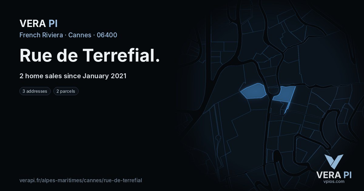 Rue de Terrefial, Cannes at night – every parcel coloured by the prices around it, the street's own parcels lit