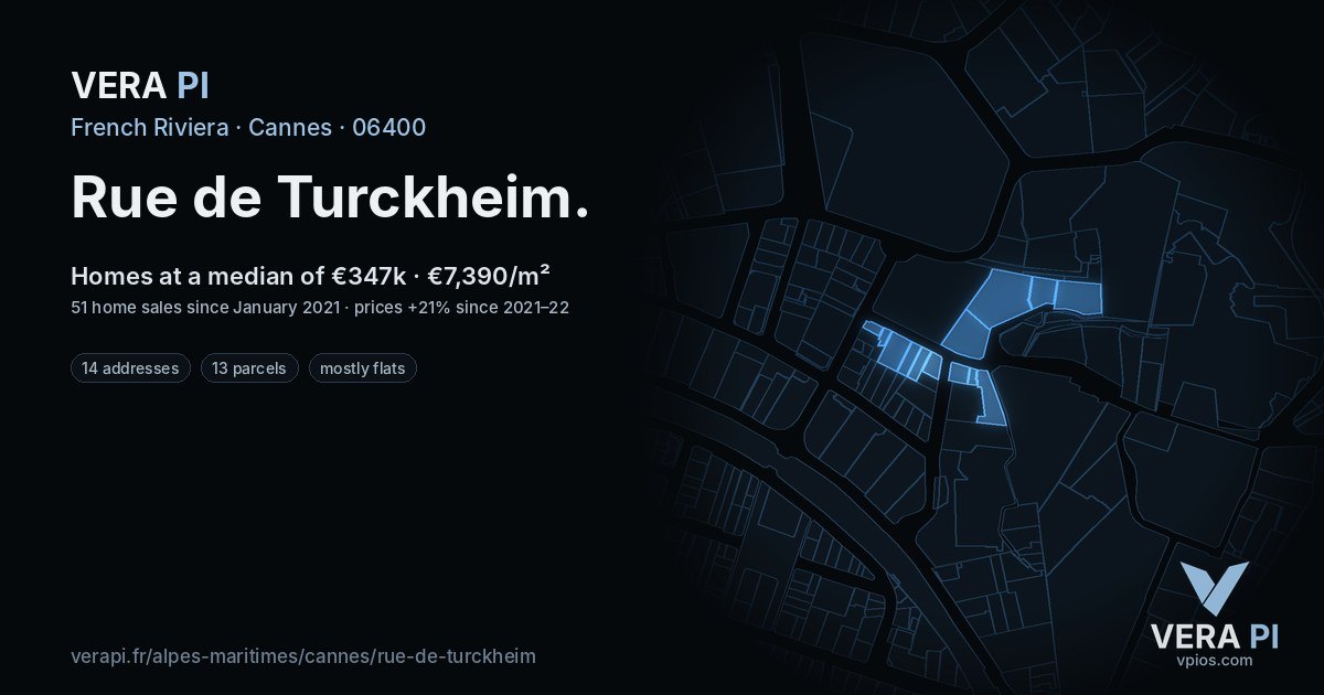 Rue de Turckheim, Cannes at night – every parcel coloured by the prices around it, the street's own parcels lit