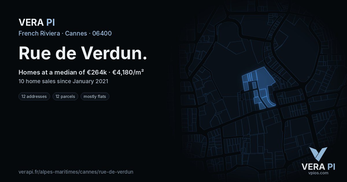 Rue de Verdun, Cannes at night – every parcel coloured by the prices around it, the street's own parcels lit