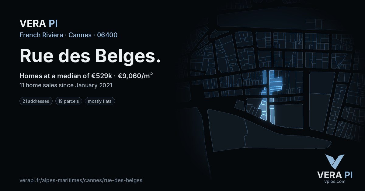 Rue des Belges, Cannes at night – every parcel coloured by the prices around it, the street's own parcels lit