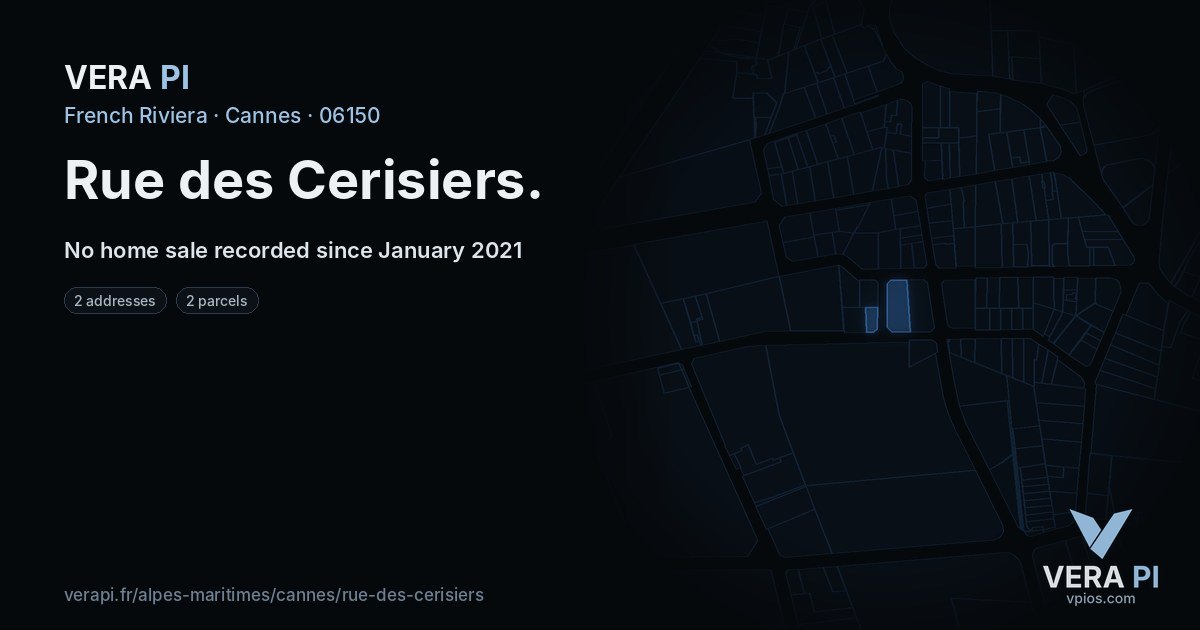 Rue des Cerisiers, Cannes at night – every parcel coloured by the prices around it, the street's own parcels lit