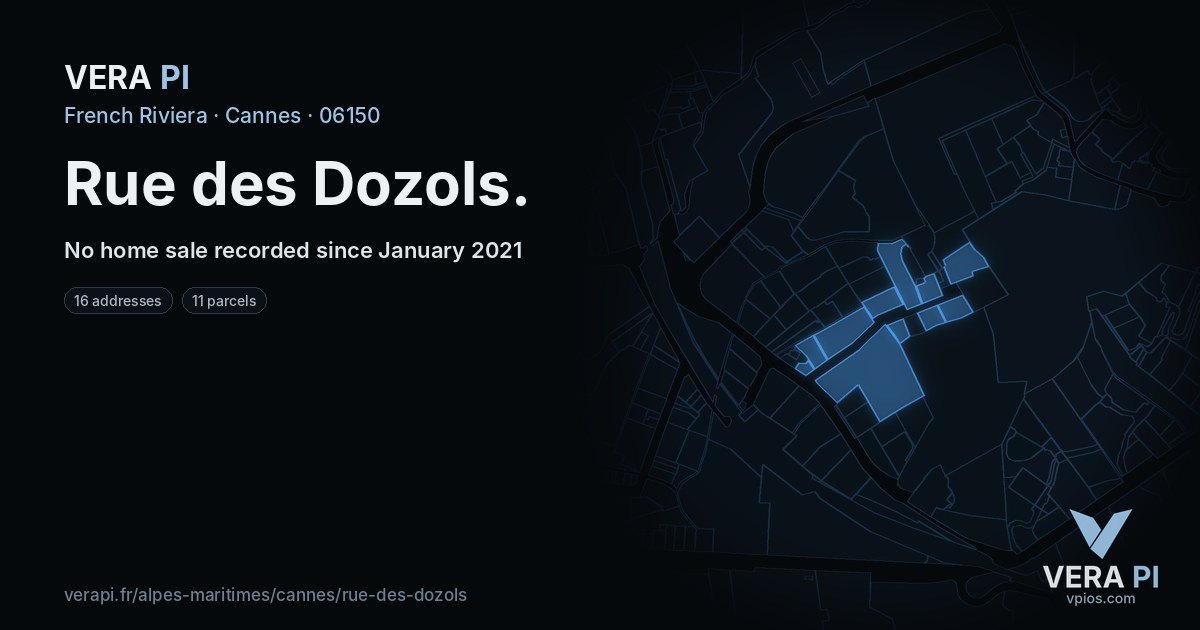 Rue des Dozols, Cannes at night – every parcel coloured by the prices around it, the street's own parcels lit