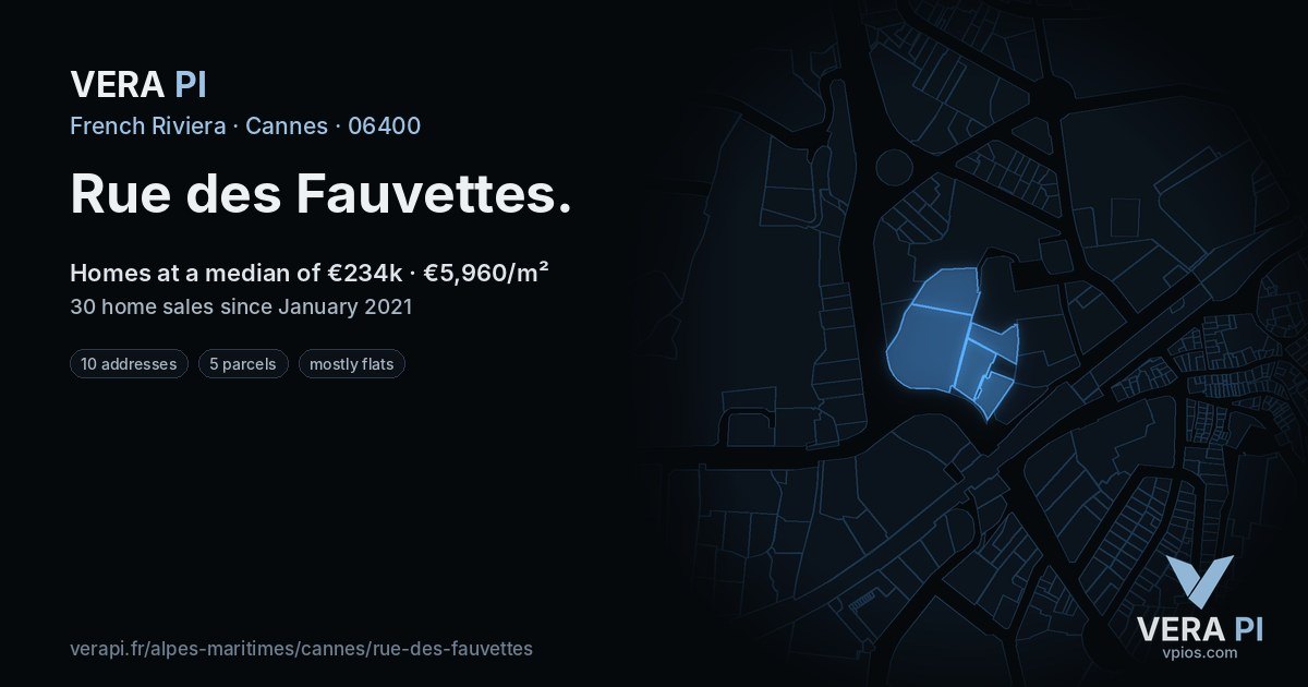 Rue des Fauvettes, Cannes at night – every parcel coloured by the prices around it, the street's own parcels lit