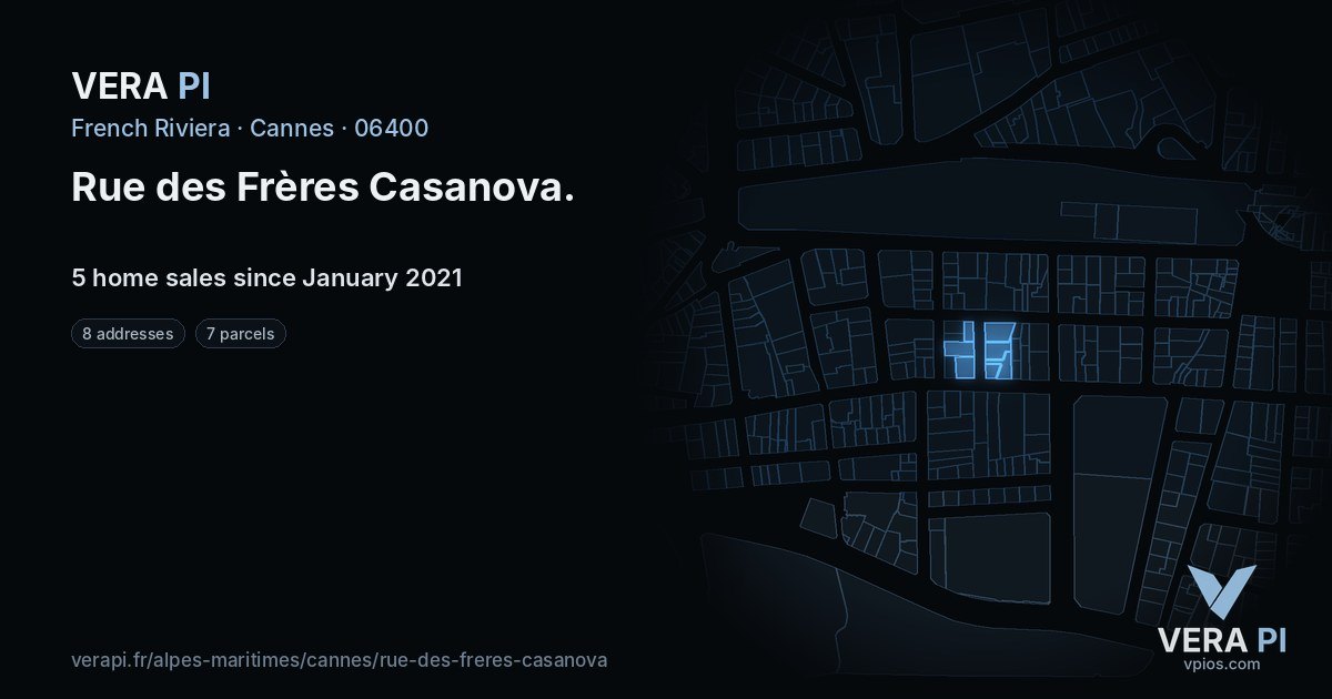 Rue des Frères Casanova, Cannes at night – every parcel coloured by the prices around it, the street's own parcels lit