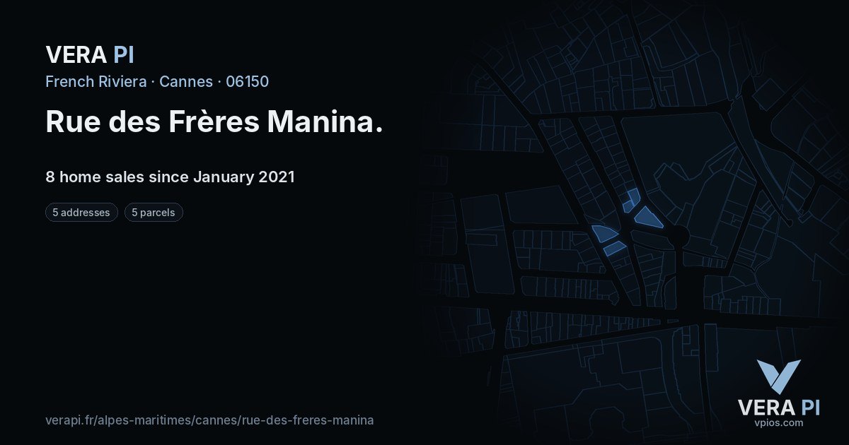 Rue des Frères Manina, Cannes at night – every parcel coloured by the prices around it, the street's own parcels lit