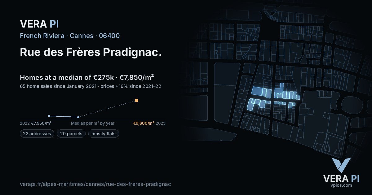 Rue des Frères Pradignac, Cannes at night – every parcel coloured by the prices around it, the street's own parcels lit