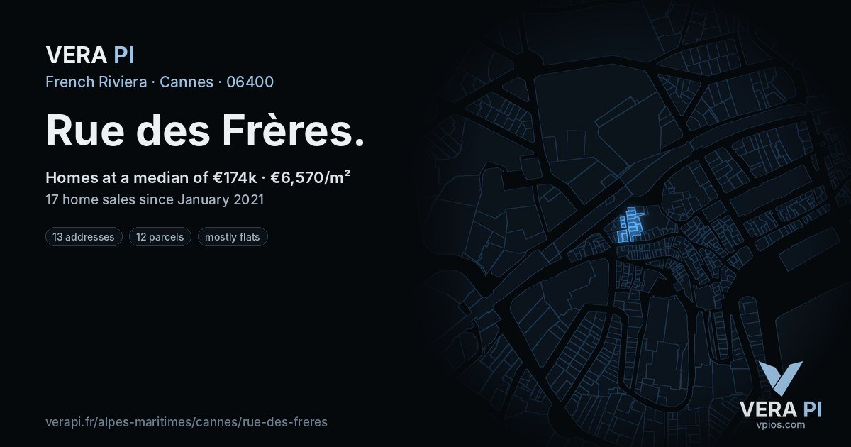 Rue des Frères, Cannes at night – every parcel coloured by the prices around it, the street's own parcels lit
