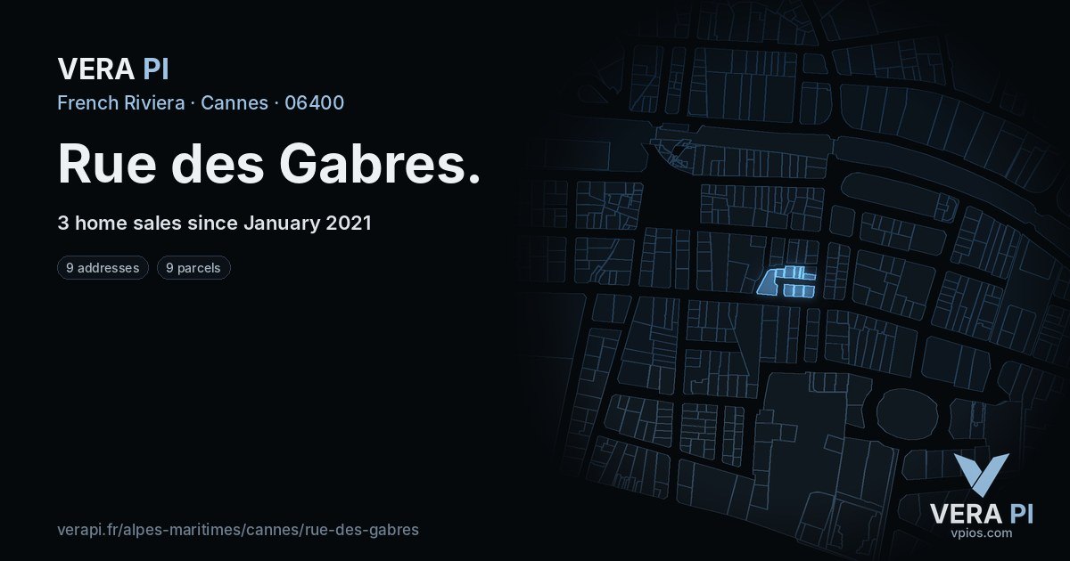 Rue des Gabres, Cannes at night – every parcel coloured by the prices around it, the street's own parcels lit
