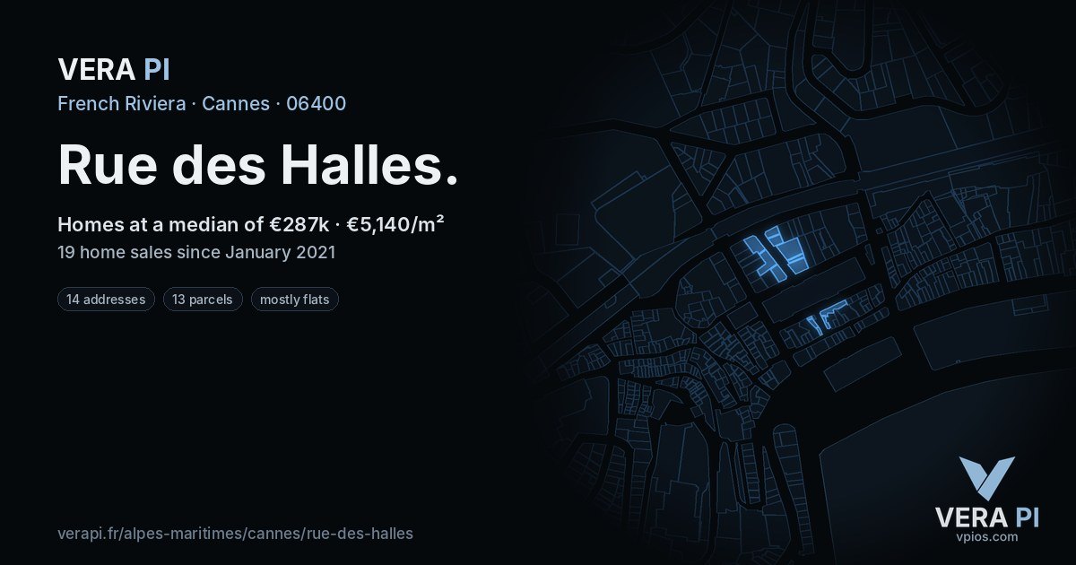 Rue des Halles, Cannes at night – every parcel coloured by the prices around it, the street's own parcels lit