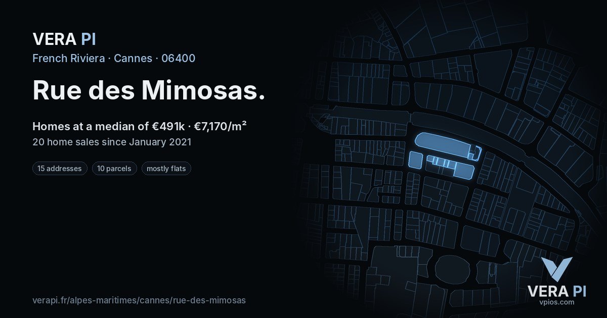 Rue des Mimosas, Cannes at night – every parcel coloured by the prices around it, the street's own parcels lit