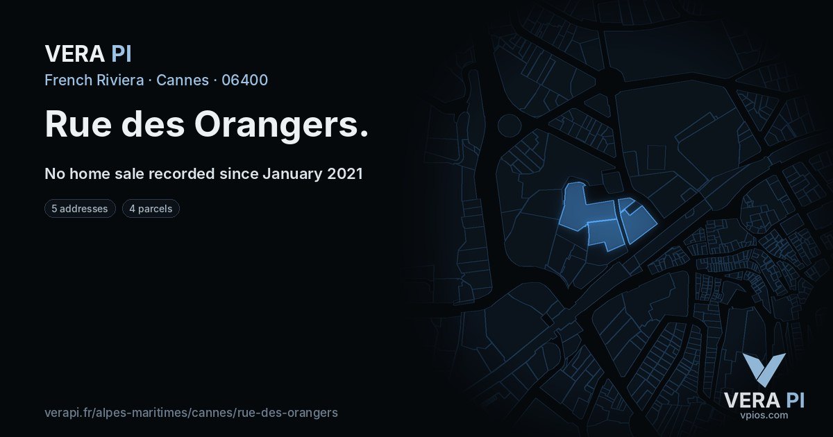 Rue des Orangers, Cannes at night – every parcel coloured by the prices around it, the street's own parcels lit