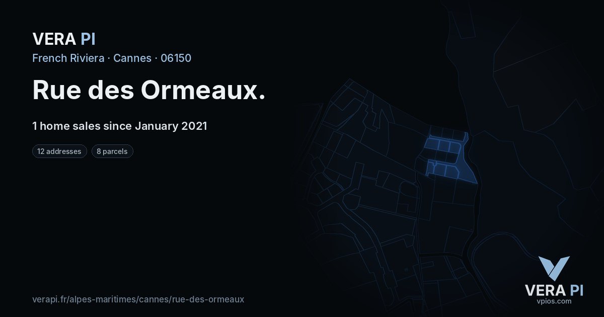 Rue des Ormeaux, Cannes at night – every parcel coloured by the prices around it, the street's own parcels lit