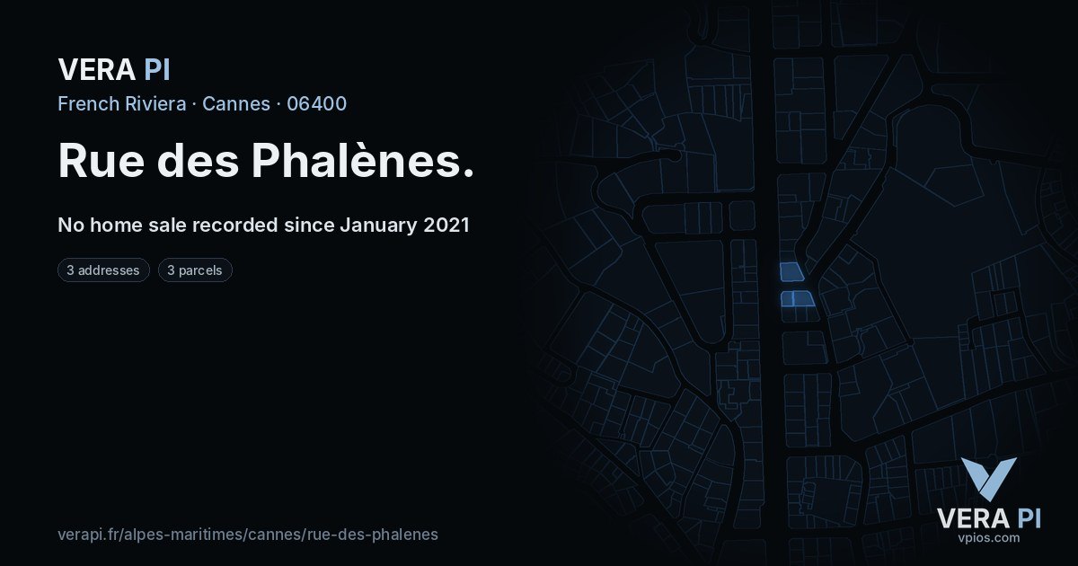 Rue des Phalènes, Cannes at night – every parcel coloured by the prices around it, the street's own parcels lit