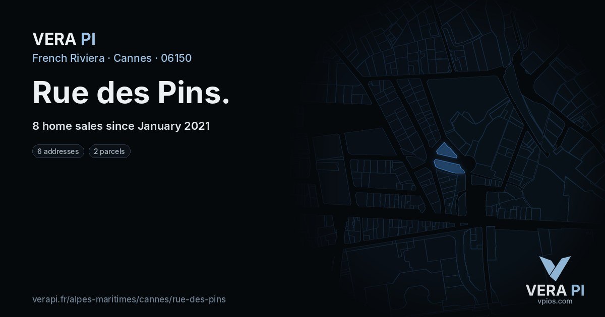 Rue des Pins, Cannes at night – every parcel coloured by the prices around it, the street's own parcels lit