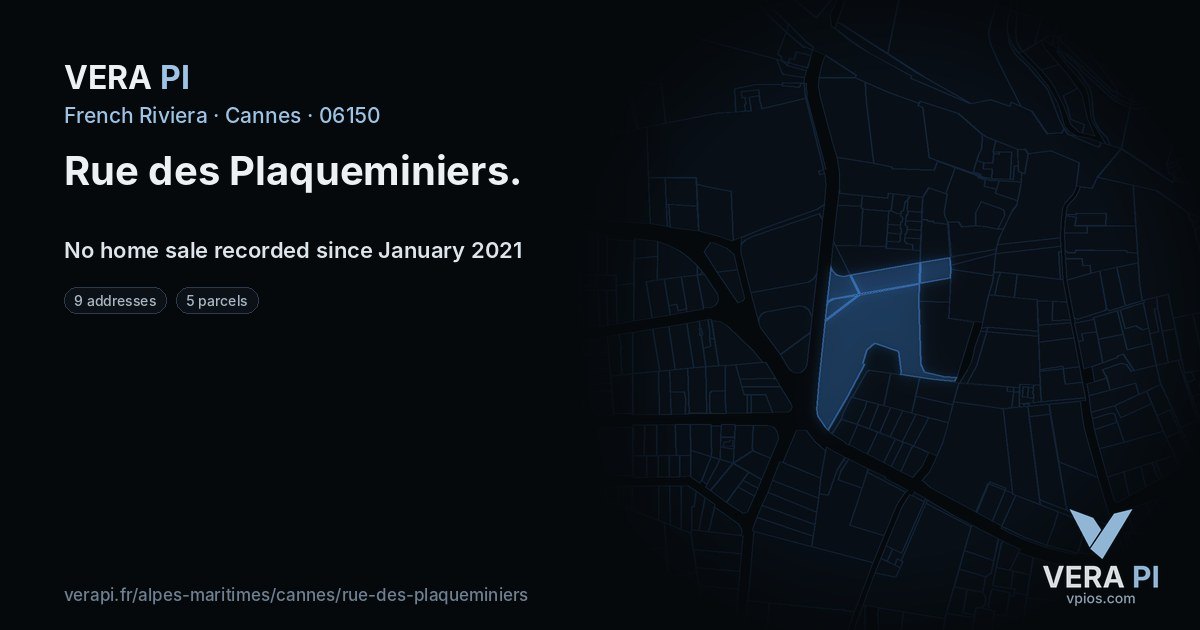 Rue des Plaqueminiers, Cannes at night – every parcel coloured by the prices around it, the street's own parcels lit