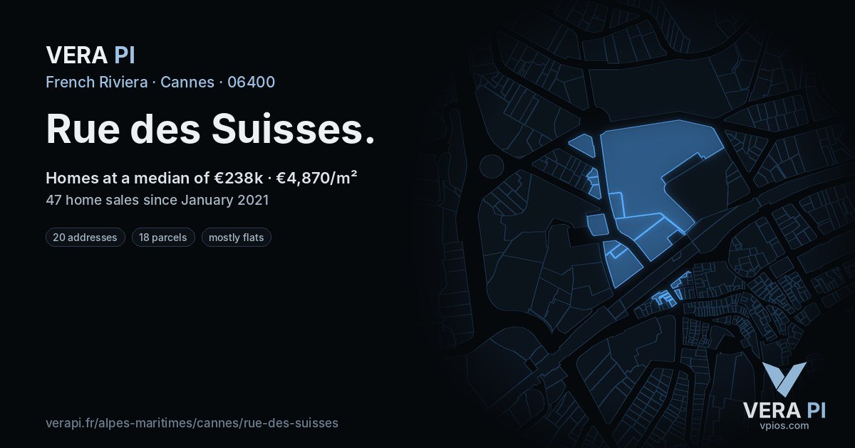 Rue des Suisses, Cannes at night – every parcel coloured by the prices around it, the street's own parcels lit