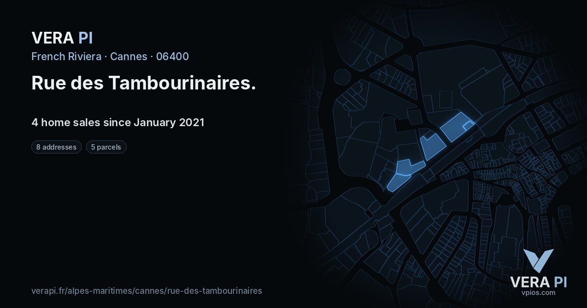 Rue des Tambourinaires, Cannes at night – every parcel coloured by the prices around it, the street's own parcels lit