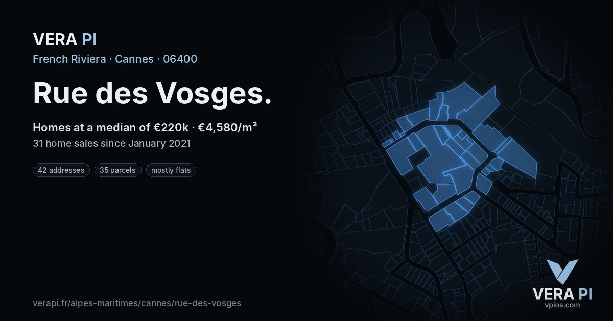 Rue des Vosges, Cannes at night – every parcel coloured by the prices around it, the street's own parcels lit
