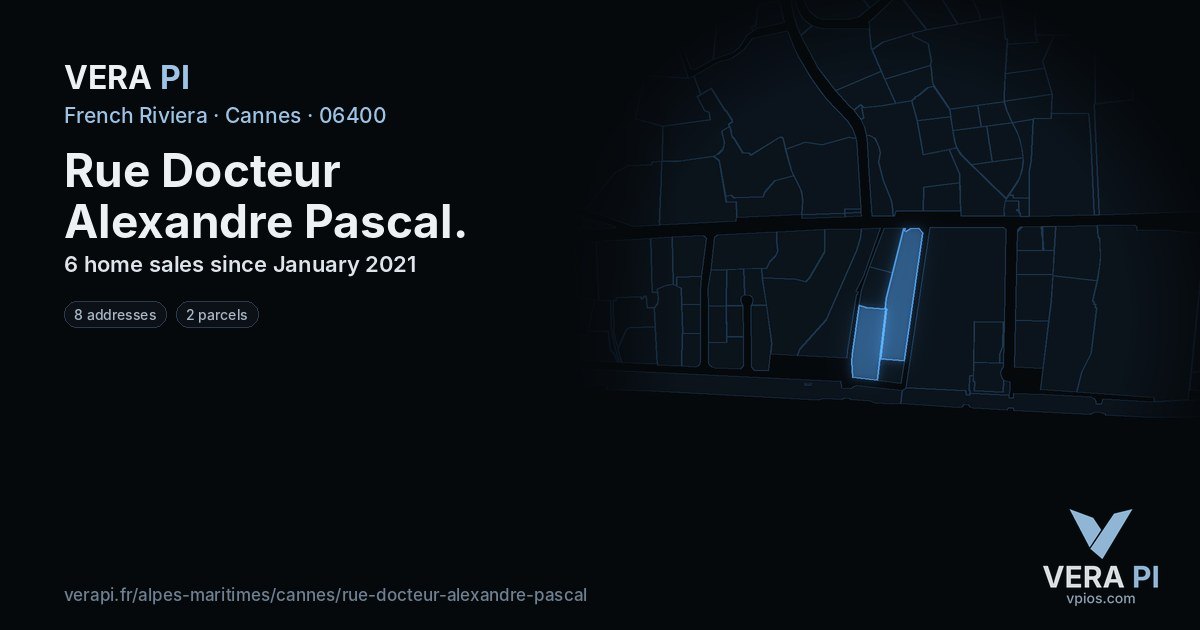 Rue Docteur Alexandre Pascal, Cannes at night – every parcel coloured by the prices around it, the street's own parcels lit