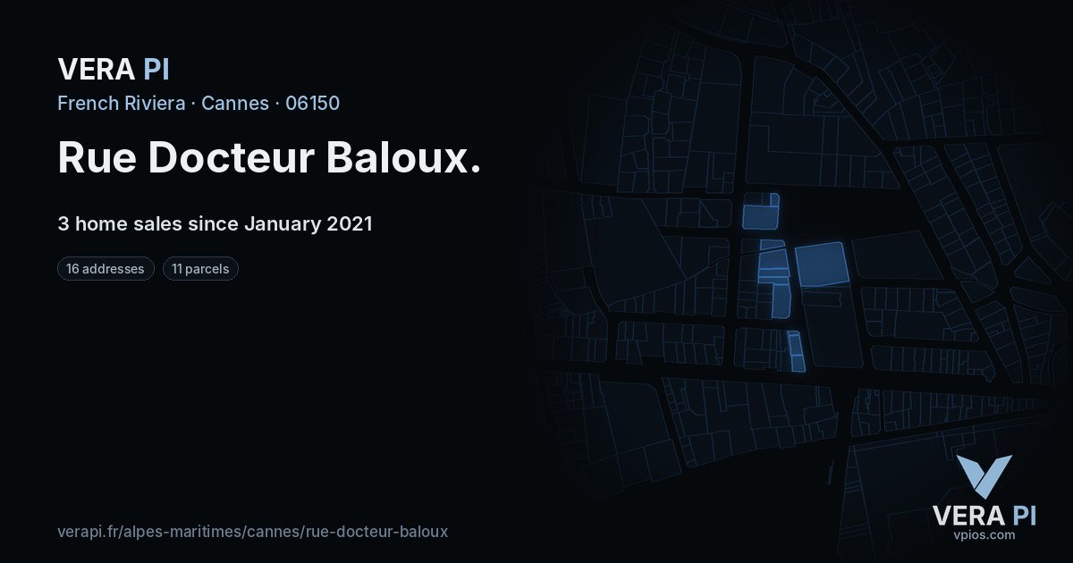 Rue Docteur Baloux, Cannes at night – every parcel coloured by the prices around it, the street's own parcels lit