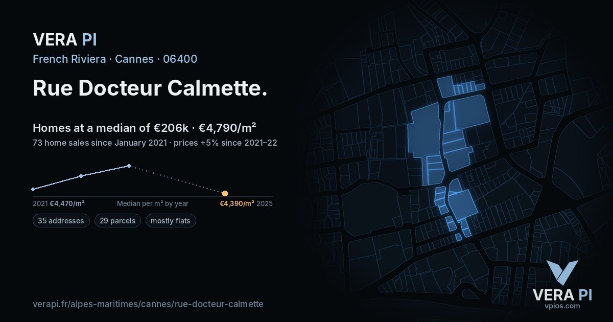 Rue Docteur Calmette, Cannes at night – every parcel coloured by the prices around it, the street's own parcels lit
