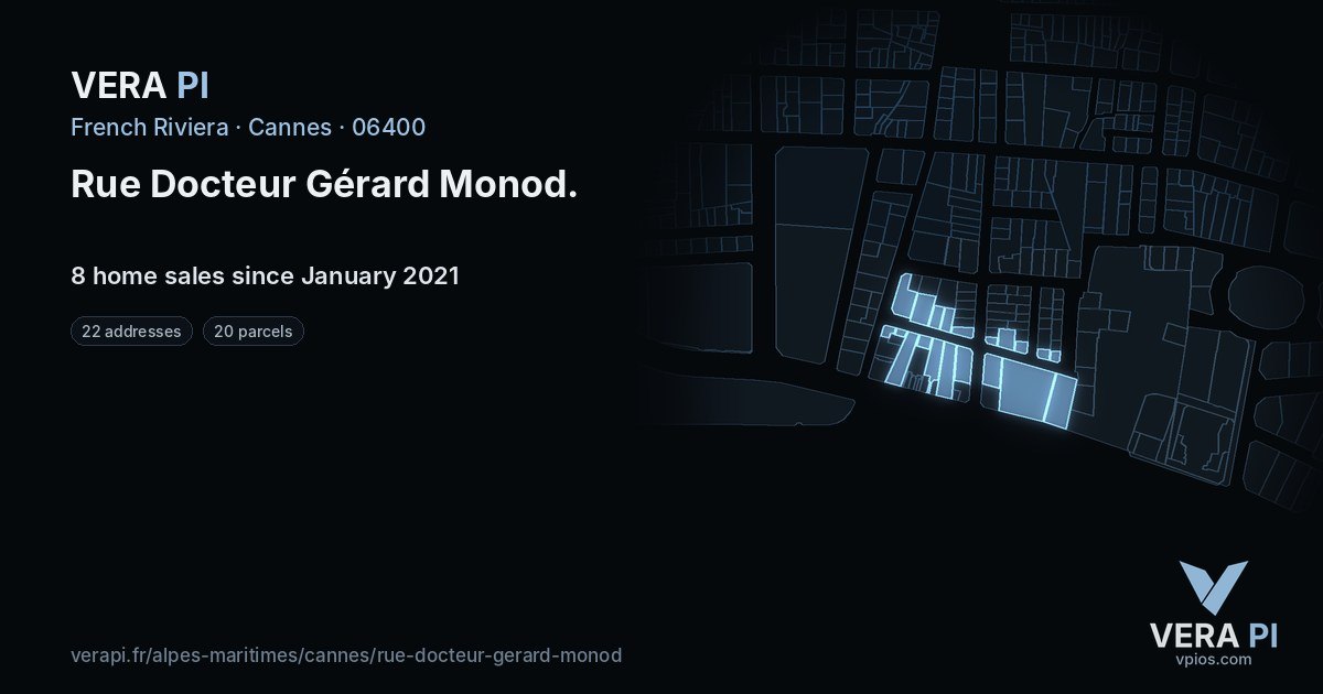 Rue Docteur Gérard Monod, Cannes at night – every parcel coloured by the prices around it, the street's own parcels lit