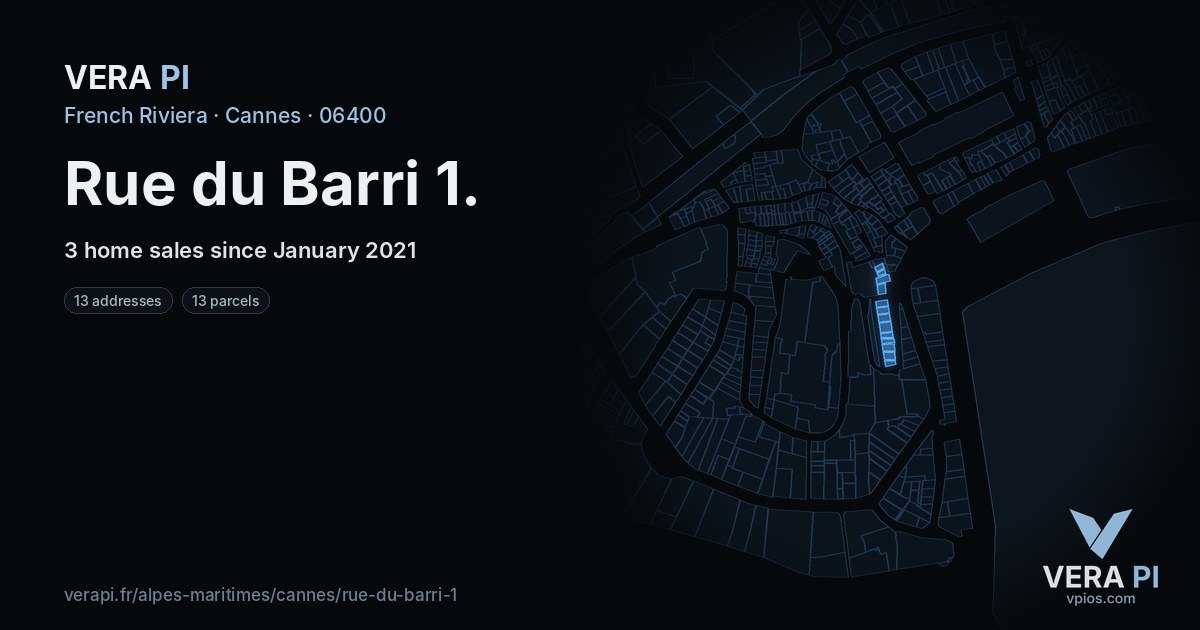 Rue du Barri 1, Cannes at night – every parcel coloured by the prices around it, the street's own parcels lit