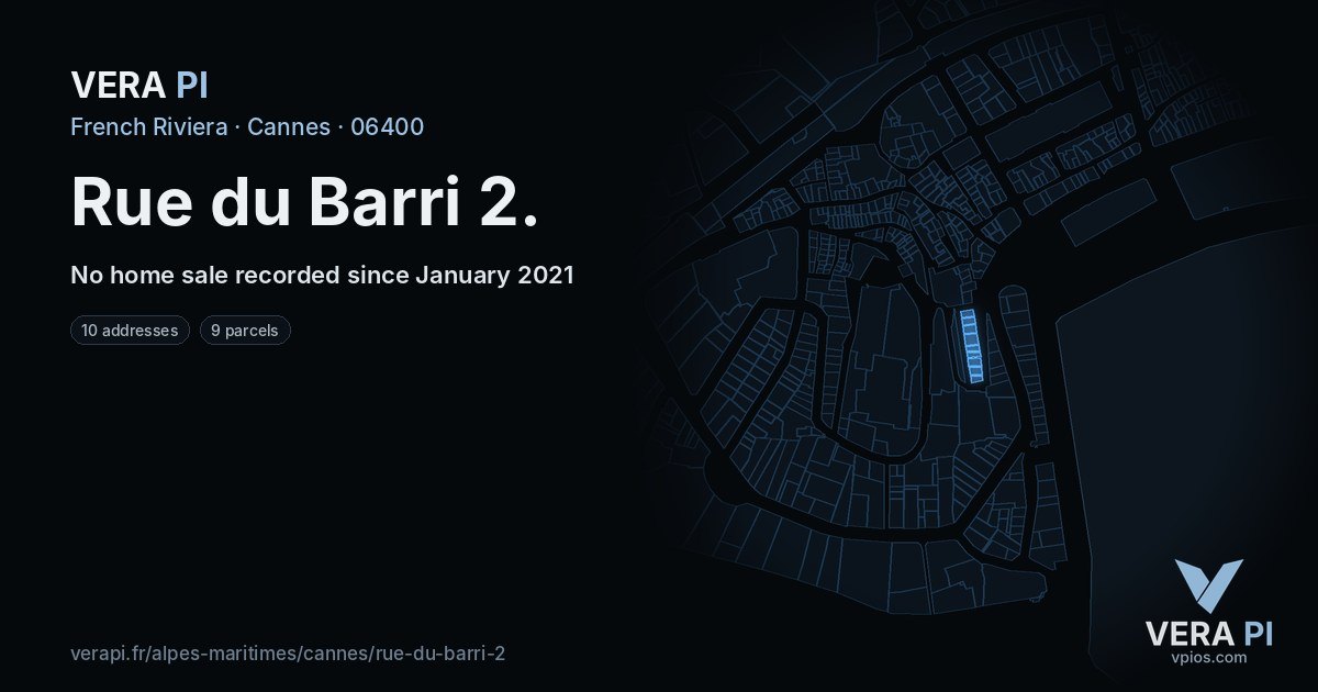 Rue du Barri 2, Cannes at night – every parcel coloured by the prices around it, the street's own parcels lit
