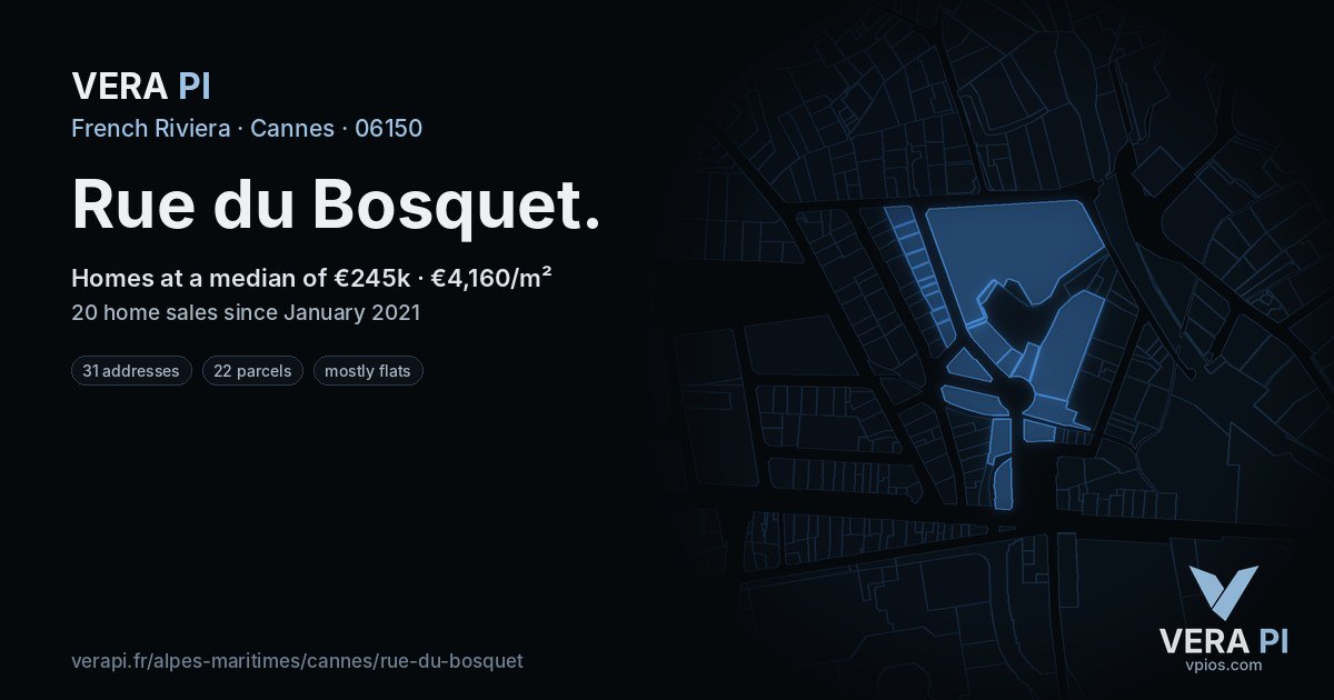 Rue du Bosquet, Cannes at night – every parcel coloured by the prices around it, the street's own parcels lit