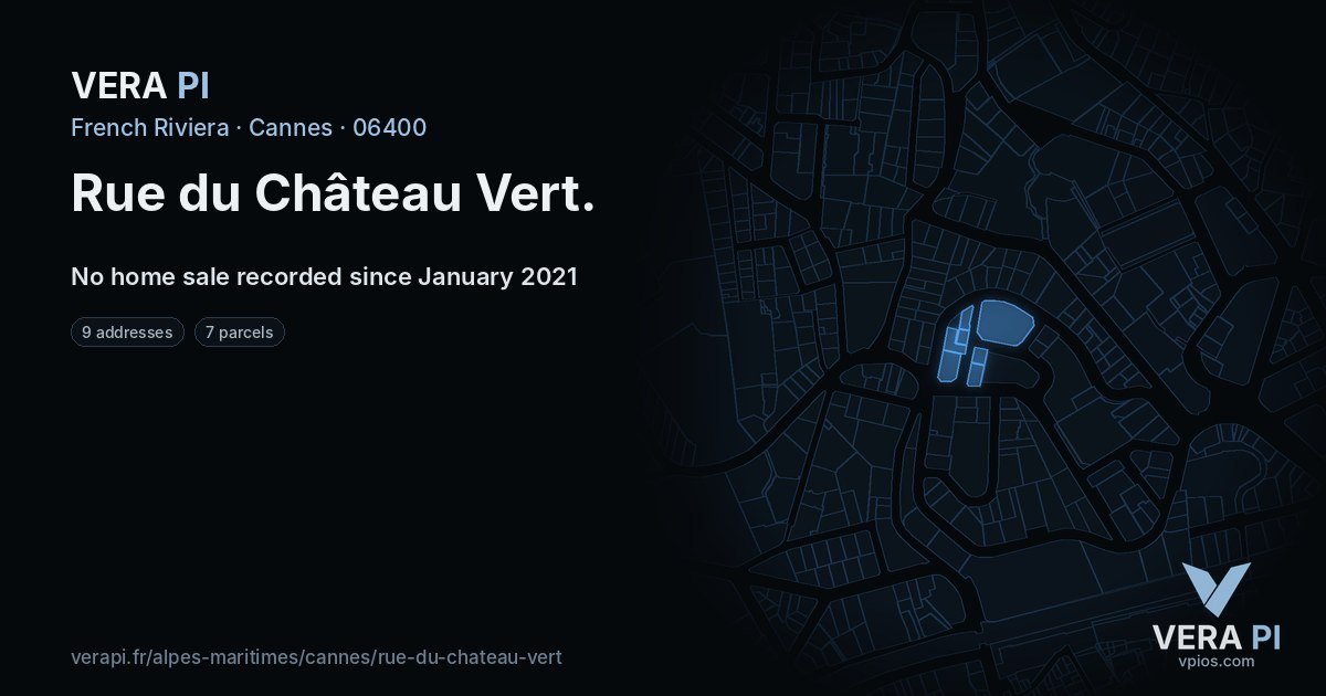 Rue du Château Vert, Cannes at night – every parcel coloured by the prices around it, the street's own parcels lit