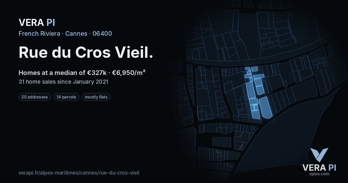 Rue du Cros Vieil, Cannes at night – every parcel coloured by the prices around it, the street's own parcels lit