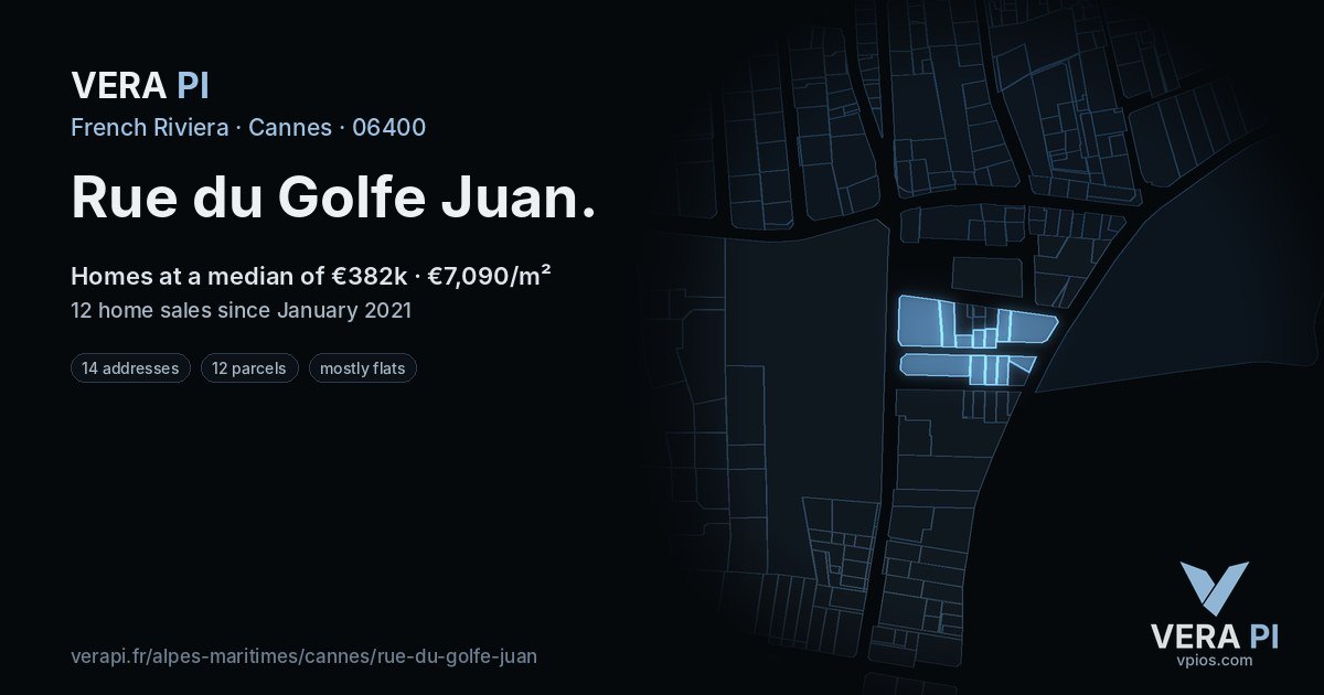 Rue du Golfe Juan, Cannes at night – every parcel coloured by the prices around it, the street's own parcels lit