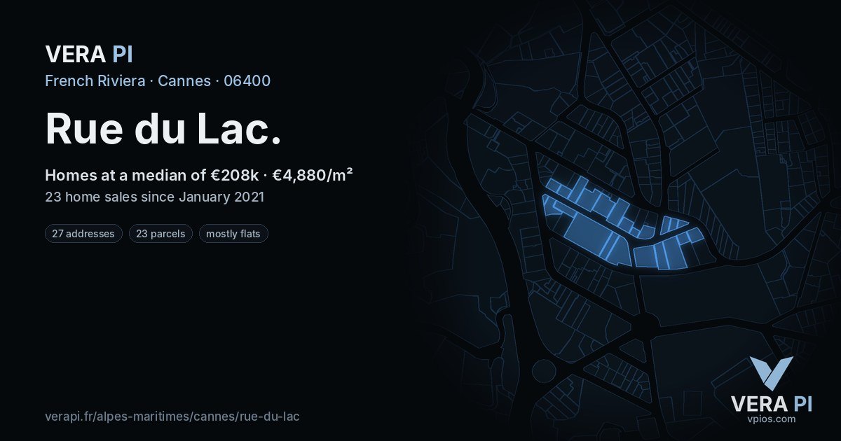 Rue du Lac, Cannes at night – every parcel coloured by the prices around it, the street's own parcels lit